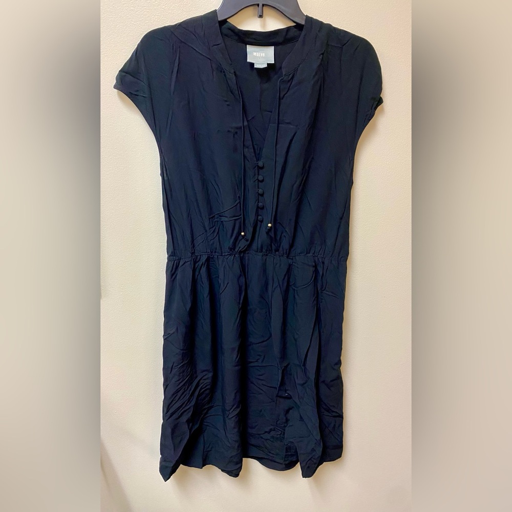 Anthropologie Maeve Black Short Button Tie V-neck Dress w/ Slip Sz Medium